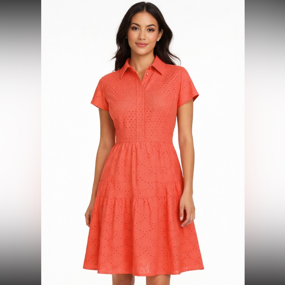 Diane von Furstenberg Skylar Eyelet Coral Shirt‎ dress size 8